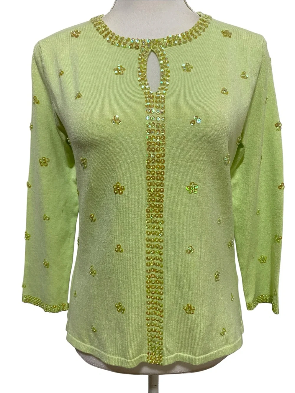 Belldini Lime Green Sequin-Trim Crew Neck Sweater Size Large